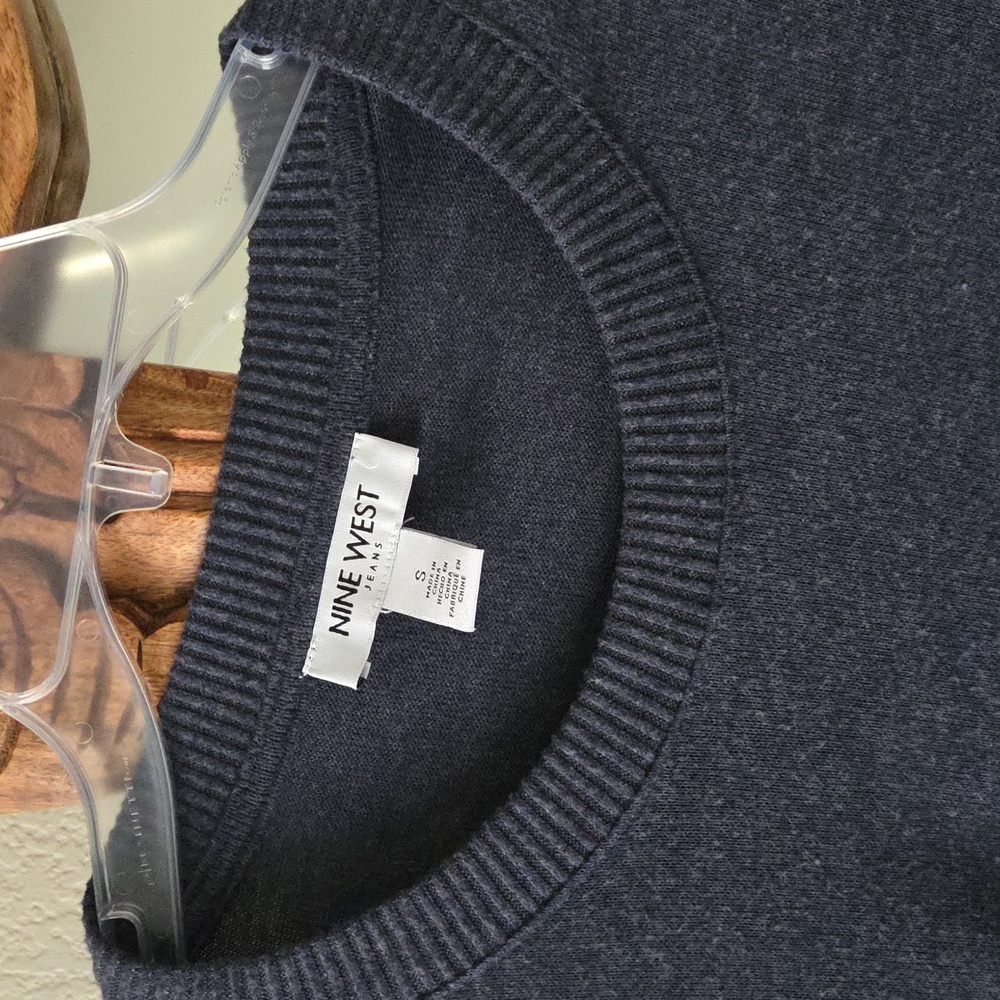 Nine West Blue Soft Knit Rib Neck Long Sleeve Top - Picture 2 of 4